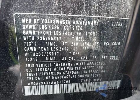 2010 Volkswagen Tiguan Wolfsburg Edition из США, поврежденный, VIN WVGAV9AX4AW513705